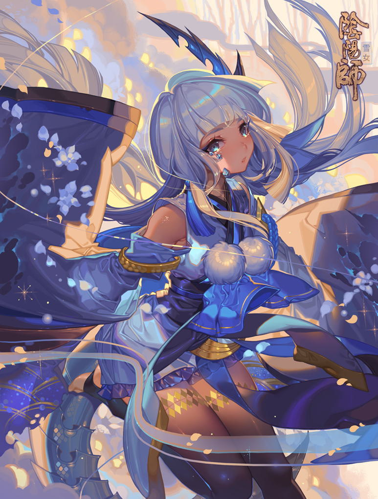 1girl, blunt_bangs, character_request, check_character, cowboy_shot, detached_sleeves, floating_hair, flower