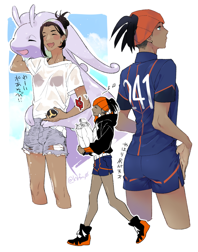 1girl, :d, bag, black_hair, blue_eyes, blue_shirt, blue_shorts, blush_stickers