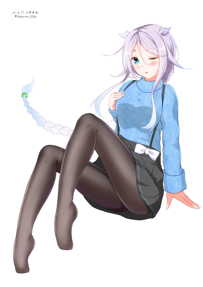 1girl, black_pantyhose, black_skirt, blue_eyes, blue_sweater, braid, hair_flaps, highres