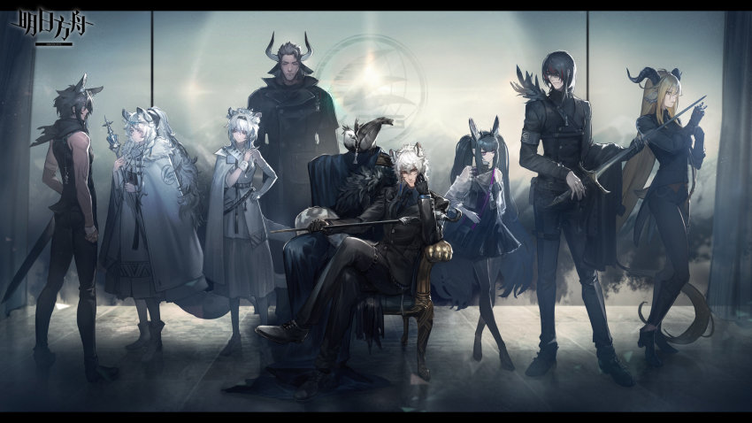 animal_ears, arknights, bishop_(chess), black_hair, blonde_hair, brown_hair, cane, chair, chess_piece, cliffheart_(arknights), courier_(arknights), courier_(elite_ii)_(arknights), goat_tail, highres, holding, holding_cane, horns, knight_(chess), long_hair, matterhorn_(arknights), monch_(arknights), ponytail, pramanix_(arknights), queen_(chess), rook_(chess), ryuuzaki_ichi, scabbard, sheath, short_hair, silver_hair, silverash_(arknights), snow_leopard_ears, snow_leopard_tail, tail, twintails, weapon