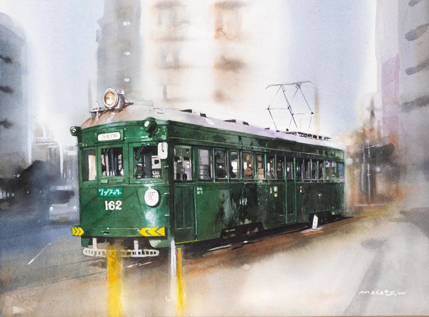 artist_name, blurry, blurry_background, city, commentary_request, hankai_tramway, no_humans, original, osaka_(city), outdoors, painting_(medium), pantograph, railroad_tracks, real_world_location, road, scenery, street, streetcar, traditional_media, train, watanabe_masato, watercolor_(medium)