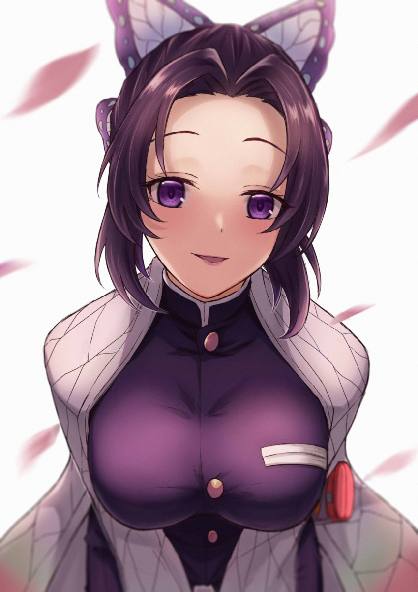 1girl, absurdres, black_hair, blush, breasts, butterfly_hair_ornament, hair_ornament, haori