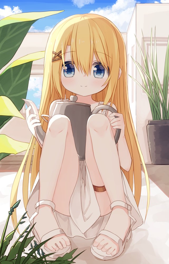 1girl, bare_arms, bare_shoulders, blonde_hair, blue_eyes, blush, closed_mouth, commentary_request