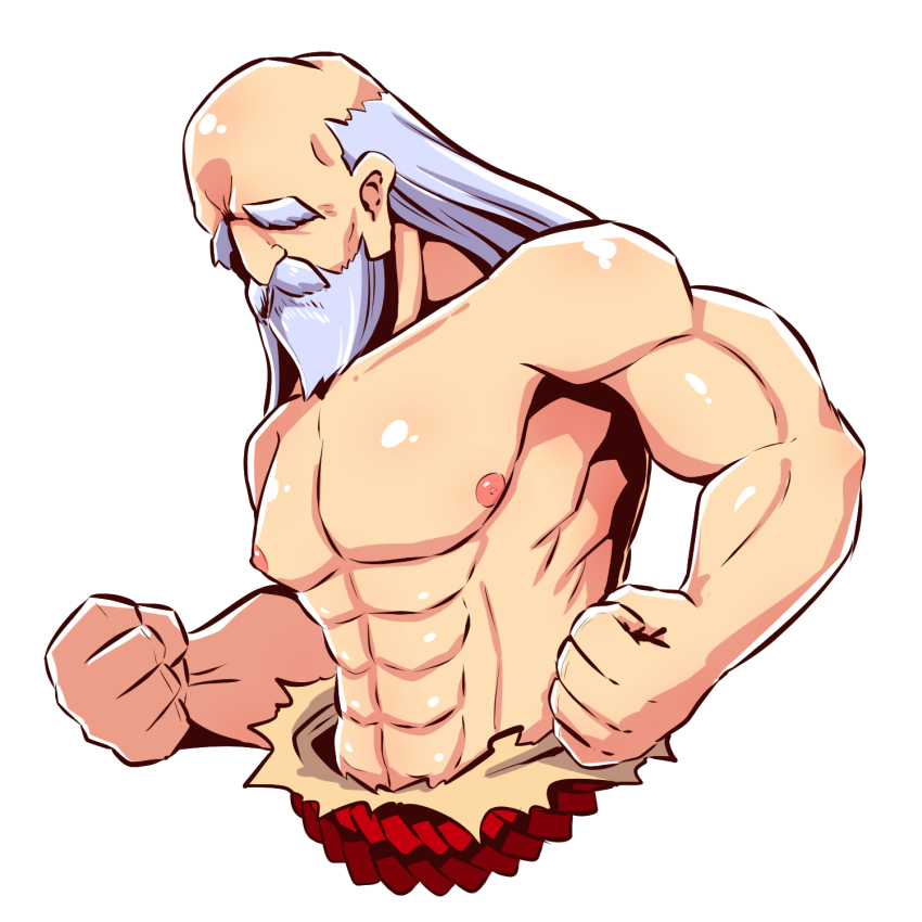 1boy, abs, beard, clenched_hands, commentary_request, cropped_torso, etrian_odyssey, facial_hair