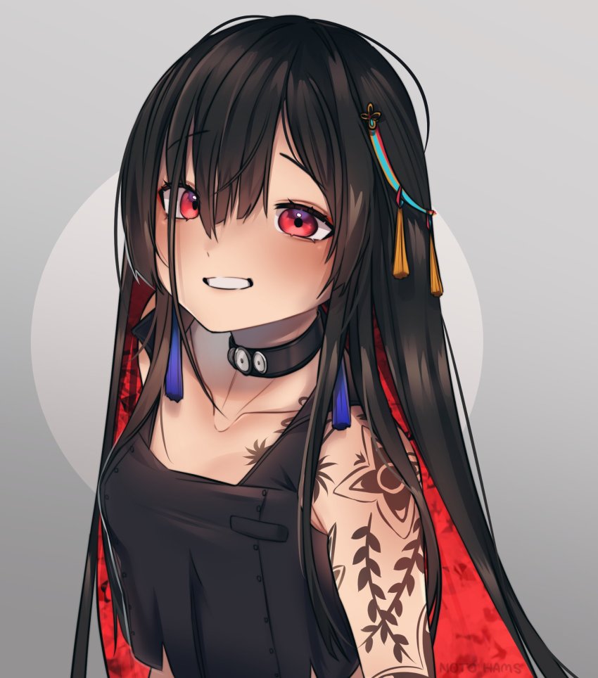 1girl, arm_tattoo, black_choker, black_hair, blush, choker, collarbone, colored_inner_hair
