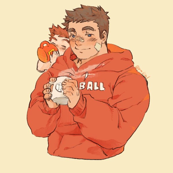 2boys, alternate_costume, bandaid, bandaid_on_face, bandaid_on_nose, blue_eyes, brown_hair, casual