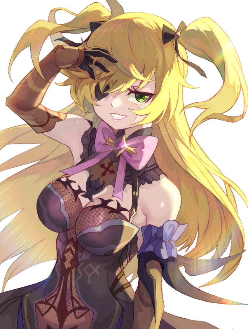 1girl, armpits, black_gloves, black_ribbon, blonde_hair, bow, bowtie, breasts