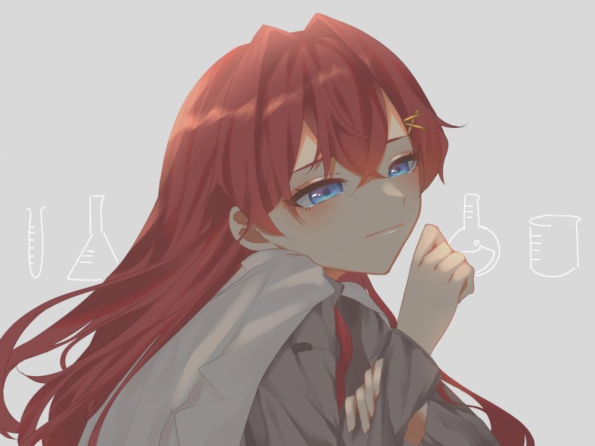 1girl, alternate_hair_length, alternate_hairstyle, ange_katrina, ange_katrina_(lab_coat), blue_eyes, clenched_hand, coat