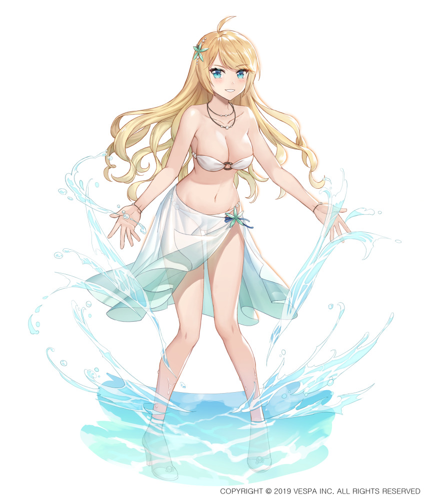 1girl, absurdres, aselica_(king's_raid), bare_shoulders, bikini, blonde_hair, blue_eyes, breasts
