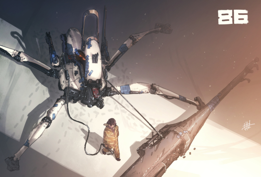 1boy, 86_-eightysix-, brown_hair, cable, cannon, from_above, holding, holding_cable