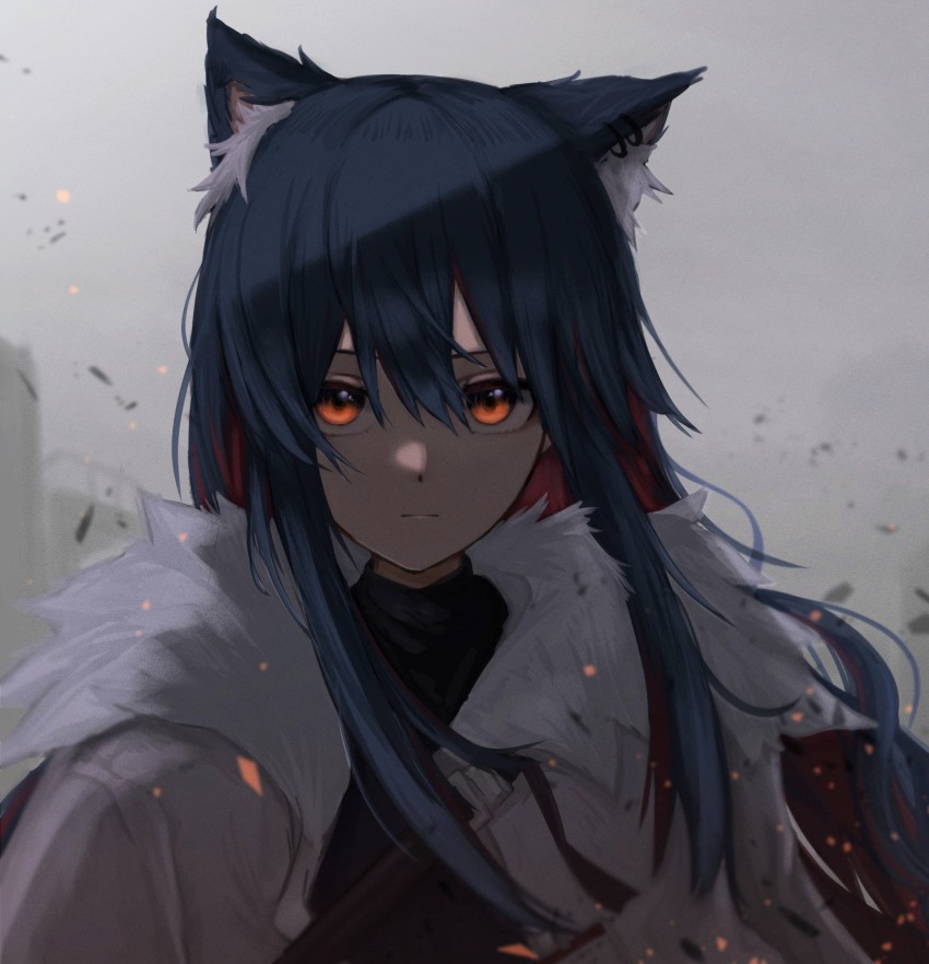 1girl, animal_ear_fluff, animal_ears, arknights, black_hair, black_shirt, coat, expressionless