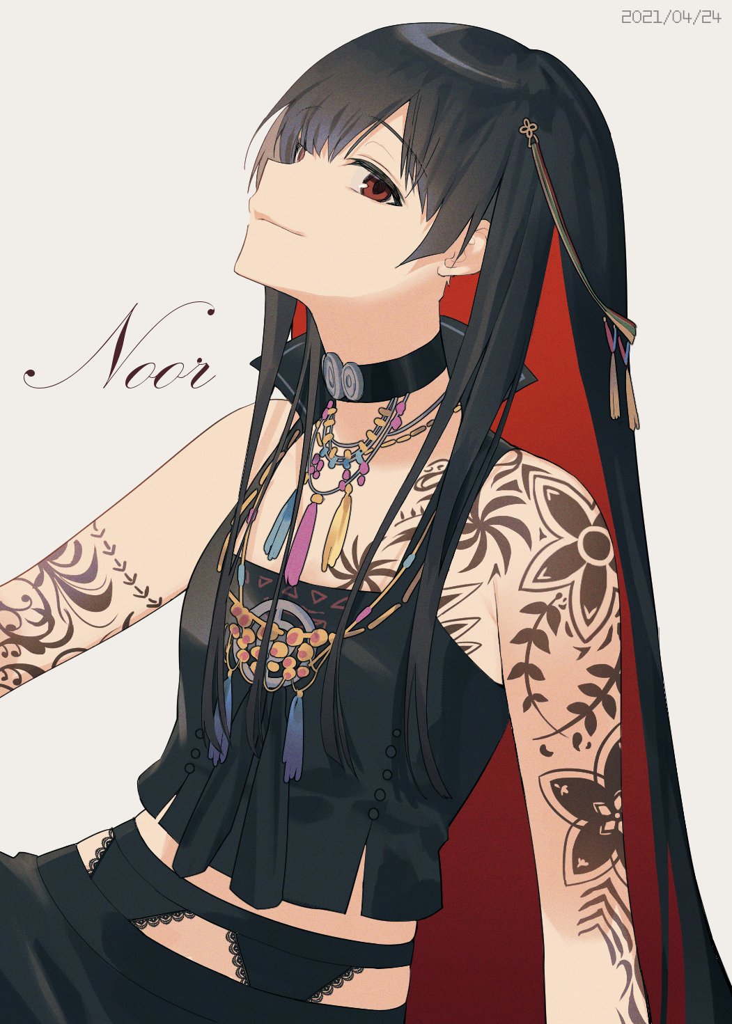 1girl, arm_tattoo, black_choker, black_hair, black_panties, black_pants, brown_eyes, choker, colored_inner_hair, head_tilt, henna, highres, long_hair, multicolored_hair, nijisanji, nijisanji_in, noor_(nijisanji), panties, pants, red_hair, smile, so_nagi_(artist), solo, tank_top, tattoo, underwear, very_long_hair, virtual_youtuber