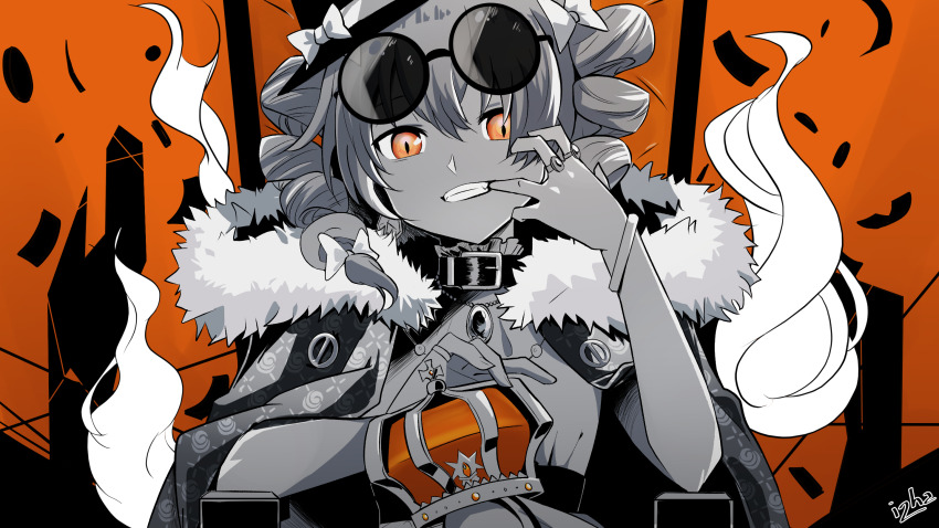 1girl, artist_name, bow, crown, drill_hair, elbow_rest, fangs, fur_collar, grin, hair_bow, hat, hat_bow, hat_ribbon, highres, izha_(seisfleur), jewelry, looking_at_viewer, monochrome, mouth_pull, necklace, orange_eyes, patterned_clothing, ribbon, sash, sitting, smile, smoke, solo, sunglasses, sunglasses_on_head, throne, touhou, twin_drills, twintails, wide_sleeves, yorigami_jo'on
