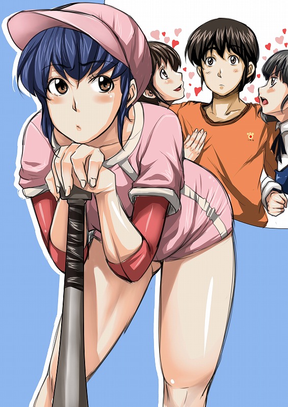1boy, 3girls, baseball, baseball_bat, baseball_uniform, blue_hair, blush, brown_eyes, brown_hair, cholesenel, girl_sandwich, godai_yusaku, godai_yuusaku, heart, lovestruck, maison_ikkoku, multiple_girls, nanao_kozue, otonashi_kyouko, sandwiched, sportswear, yagami_ibuki