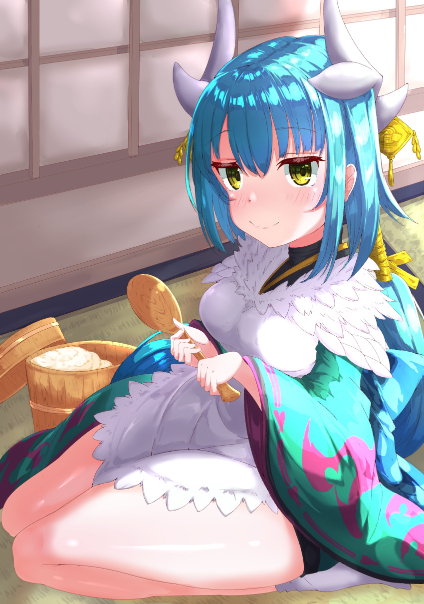 1girl, 966982, absurdres, alternate_costume, alternate_hairstyle, apron, aqua_hair, aqua_kimono, beni-enma, beni-enma_(cosplay), cosplay, dragon_girl, dragon_horns, fate/grand_order, fate_(series), feather_trim, highres, holding, holding_spoon, horns, japanese_clothes, kimono, kiyohime_(fate), low_ponytail, multiple_horns, ohitsu, ponytail, shamoji, sitting, solo, spoon, white_apron, wide_sleeves, wooden_spoon, yellow_eyes