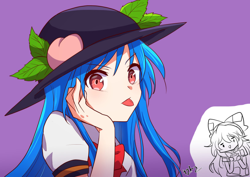 2girls, :p, artist_name, blue_hair, bow, bowler_hat, bowtie, chibi