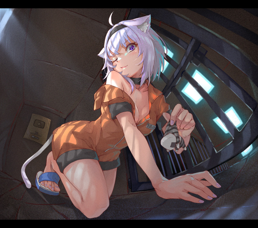 1girl, ahoge, animal_ear_fluff, animal_ears, blush, breasts, cat_ears, cat_girl, cat_tail, chibi, cleavage, collar, collarbone, feet, fisheye, hair_between_eyes, hairband, highres, hololive, hololive_gamers, huge_filesize, looking_at_viewer, nail_polish, nekomata_okayu, off_shoulder, one_eye_closed, onigirya_(nekomata_okayu), prison, prison_cell, prison_clothes, purple_eyes, purple_hair, short_hair, smile, solo, tail, toenail_polish, toenails, virtual_youtuber, yoshikawa_hiro, youtube_creator_award, zipper