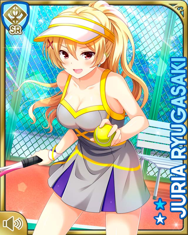 1girl, :d, blonde_hair, card_(medium), character_name, day, dress, earrings