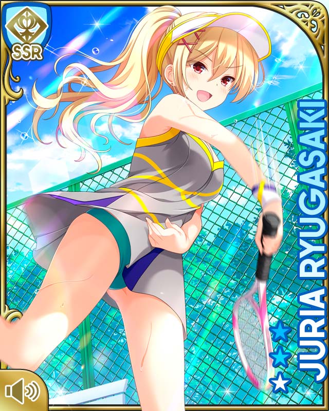 1girl, :d, blonde_hair, card_(medium), character_name, day, dress, earrings, girlfriend_(kari), holding, jewelry, official_art, open_mouth, outdoors, qp:flapper, racket, red_eyes, ryugasaki_juria, shirt, smile, sportswear, standing, sunlight, sunvisor, tagme, tennis, tennis_court, tennis_racket, tennis_uniform, v-shaped_eyebrows, white_dress, white_shirt