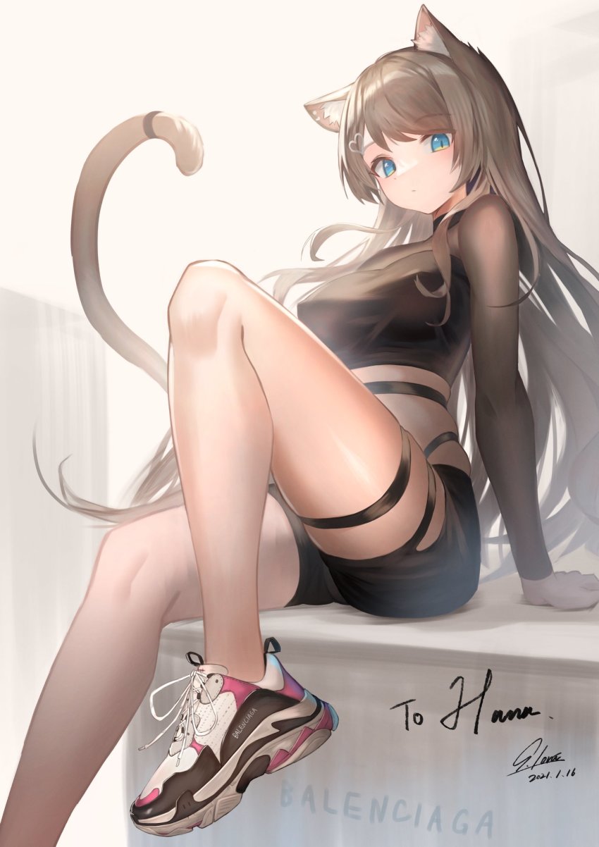 1girl, animal_ear_fluff, animal_ears, black_shorts, blue_eyes, breasts, brown_hair, cat_ears