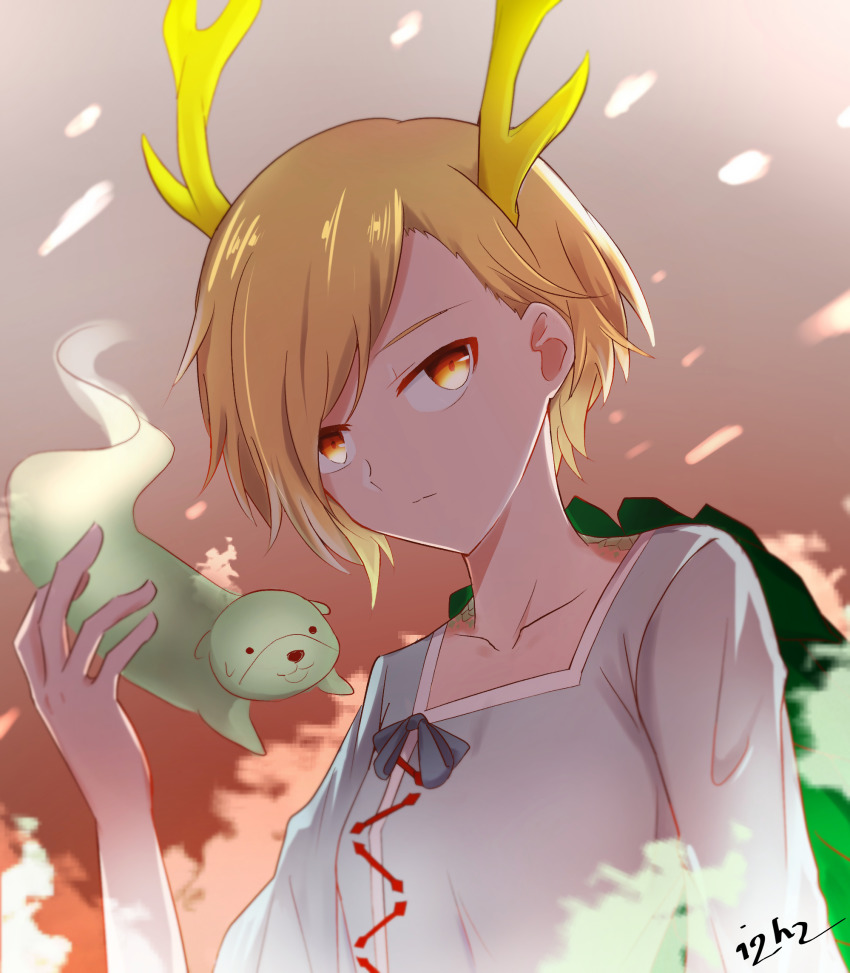 1girl, artist_name, blonde_hair, blue_bow, blue_shirt, bow, collarbone, dragon_horns