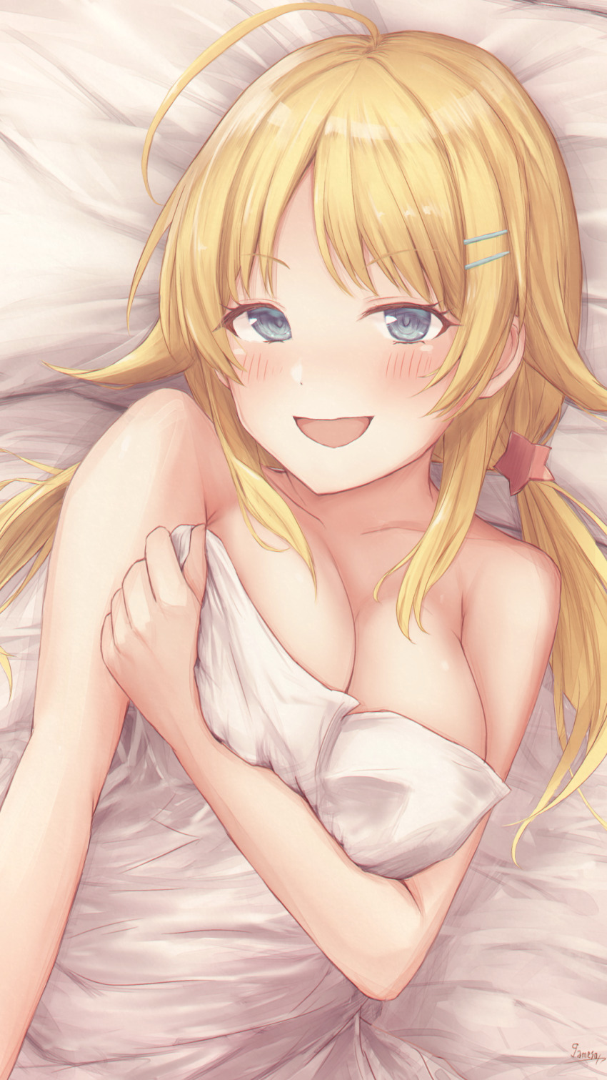 1girl, ahoge, bare_shoulders, bed_sheet, blonde_hair, blue_eyes, blush, breast_hold