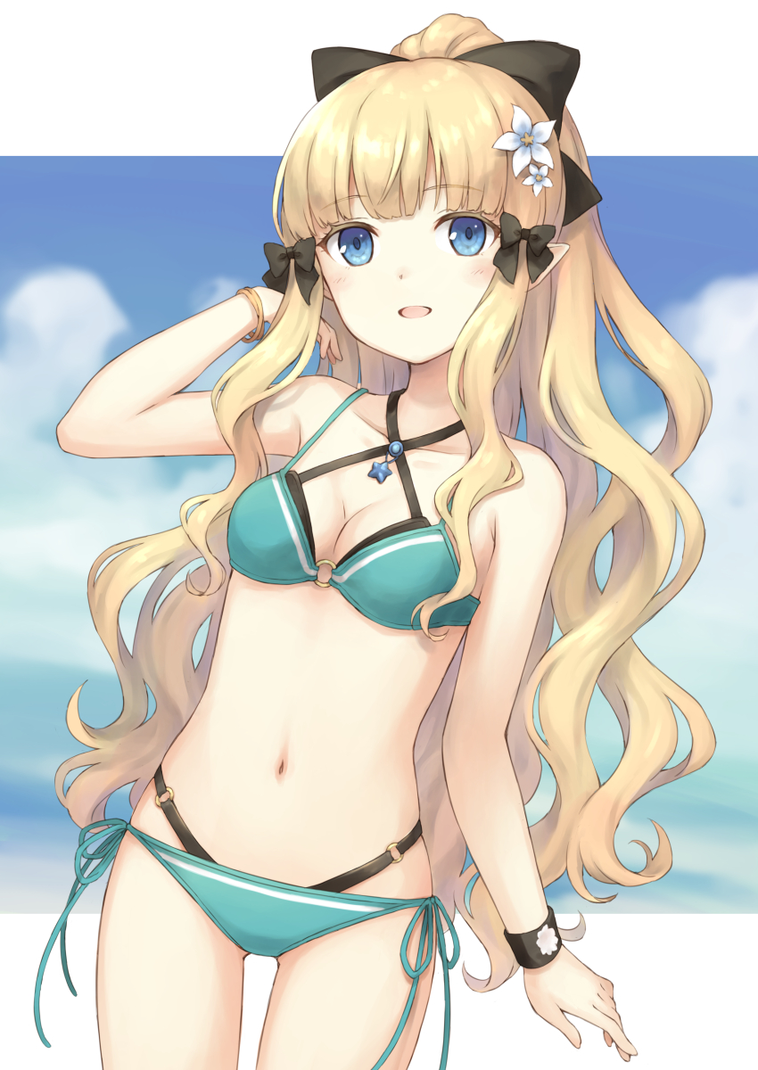 104_(luins104), 1girl, aqua_bikini, bikini, black_bikini, black_bow, blonde_hair, blue_eyes