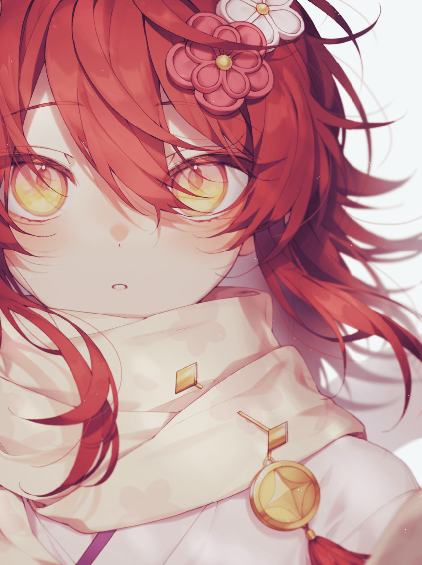 1boy, coojisan, flower, hair_between_eyes, hair_flower, hair_ornament, hair_ribbon, hanasaki_miyabi, hanasaki_miyabi_(4th_costume), highres, holostars, japanese_clothes, kimono, long_hair, looking_at_viewer, parted_lips, pin, portrait, red_hair, ribbon, scarf, simple_background, solo, virtual_youtuber, white_background, white_kimono, white_scarf, yellow_eyes