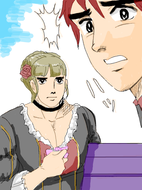 1boy, 1girl, abe_takakazu, beatrice_(umineko), kuso_miso_technique, man_face, masewo, michishita_masaki