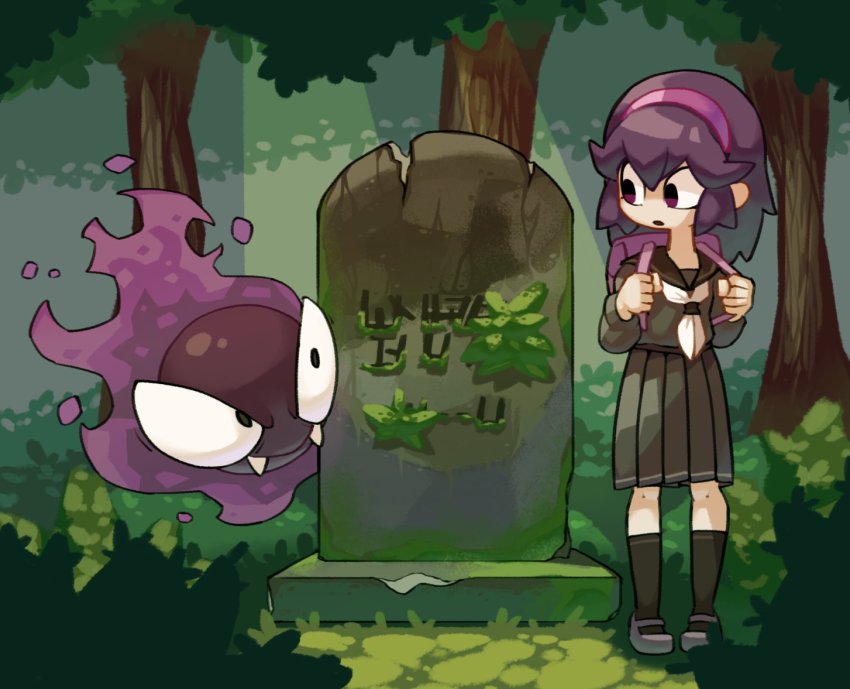 1girl, aged_down, backpack, bag, black_legwear, black_serafuku, black_shirt, black_skirt, forest, gastly, gen_1_pokemon, grave, grey_footwear, hex_maniac_(pokemon), hex_maniac_(pokemon_xy), kurt_robinson, looking_at_another, nature, neckerchief, nintendo, pokemon, pokemon_(creature), pokemon_x_and_y, purple_hair, school_uniform, serafuku, shirt, skirt, tree, white_neckerchief