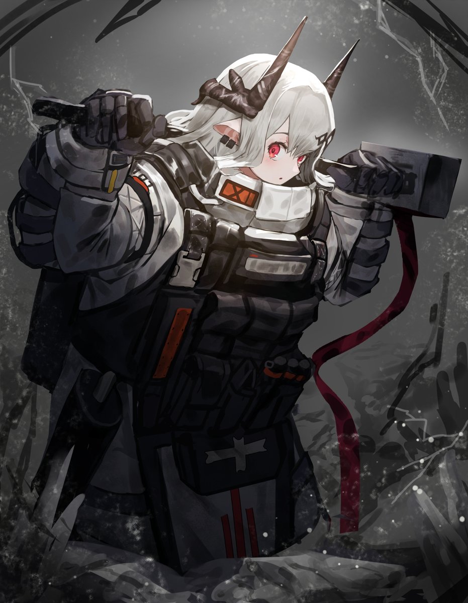 arknights, armor, bannouyakunta, black_gloves, commentary_request, cowboy_shot, earrings, exoskeleton