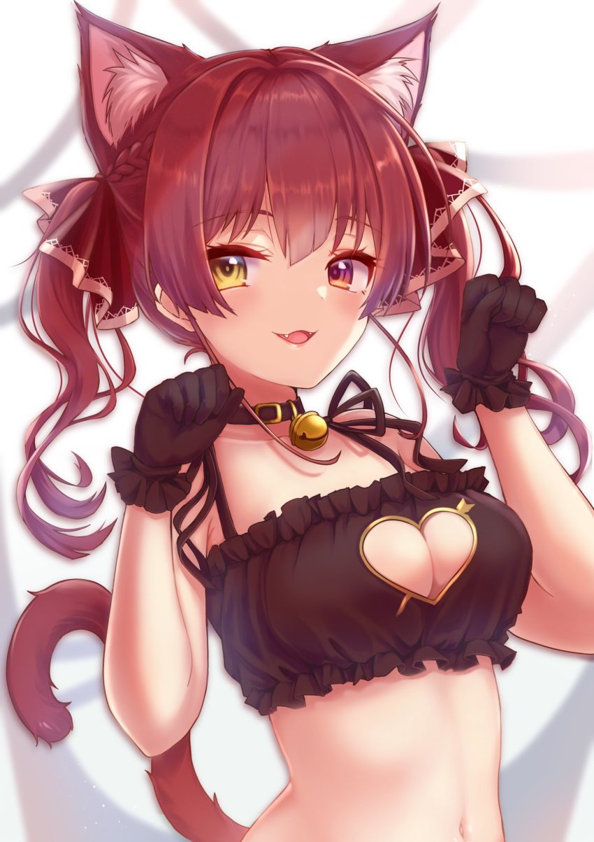 1girl, animal_ears, blush, breasts, cat_cutout, cat_ears, cat_lingerie, cleavage_cutout, clothing_cutout, heterochromia, highres, hololive, houshou_marine, long_hair, looking_at_viewer, mihanada_kanata, navel, paw_pose, red_eyes, red_hair, ribbon, smile, solo, twintails, underwear, underwear_only, virtual_youtuber, yellow_eyes