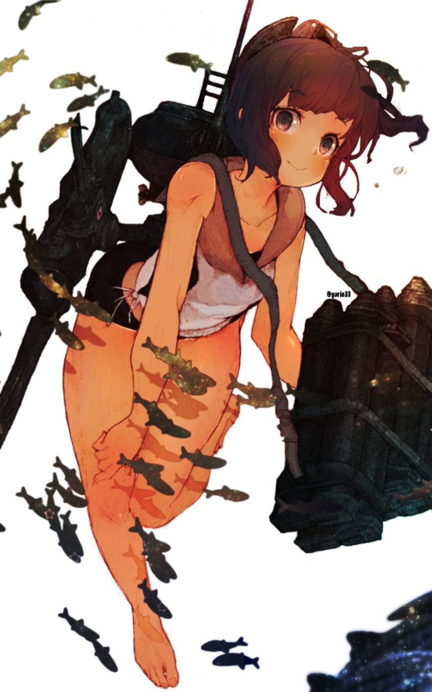 1girl, barefoot, blush, brown_hair, fish, gurin33, hair_ribbon, highres