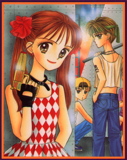 1990s_(style), 1girl, 2boys, bandana, baseball_cap, blonde_hair, bow, brown_eyes