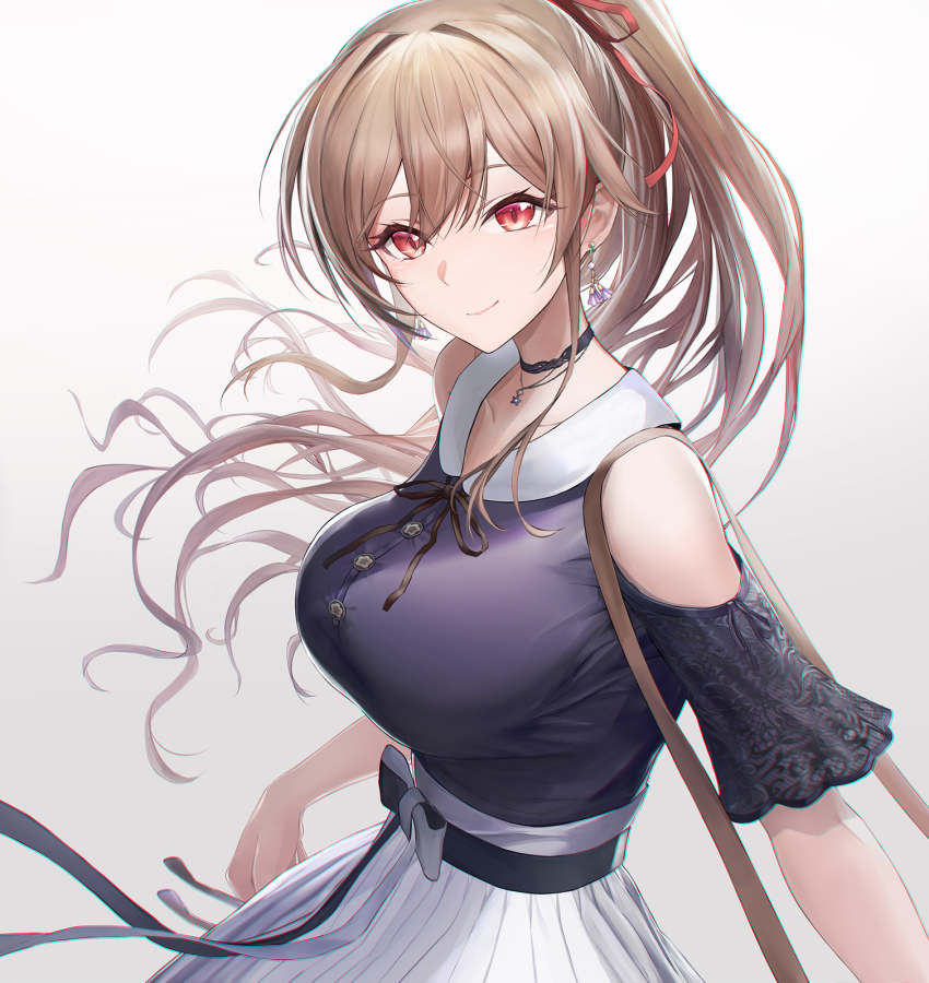 1girl, bare_shoulders, breasts, brown_hair, choker, clothing_cutout, collarbone, earrings