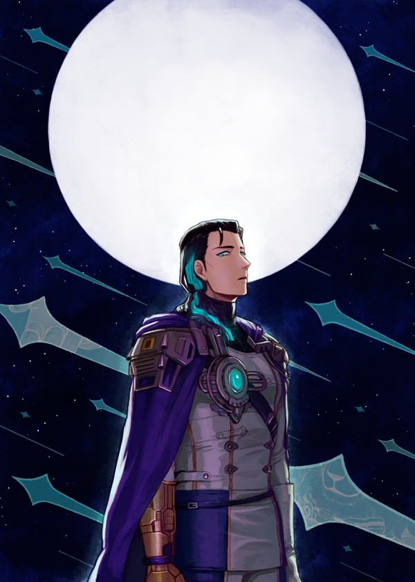 1boy, black_hair, blue_eyes, blue_hair, cape, commentary_request, fate/grand_order, fate_(series), gloves, gradient_hair, jacket, long_hair, long_sleeves, looking_at_viewer, male_focus, moon, multicolored_hair, night, nikola_tesla_(fate), nikola_tesla_(planet_rock)_(fate), open_mouth, outdoors, prosthesis, prosthetic_arm, sky, solo, star_(sky), starry_sky, yvn_futon