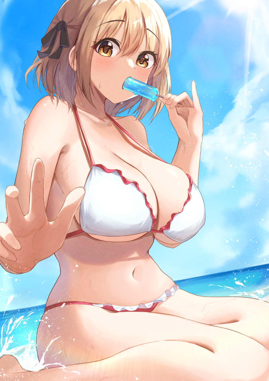 1girl, barefoot, beach, bikini, blue_sky, breasts, brown_eyes, brown_hair
