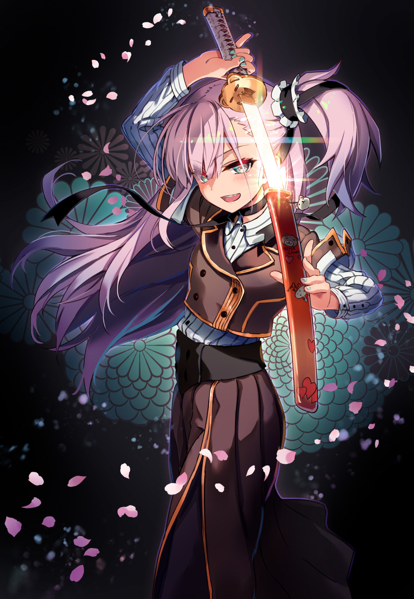 1girl, choker, commentary_request, green_eyes, green_nails, highres, hiroyama_hiroshi, katana