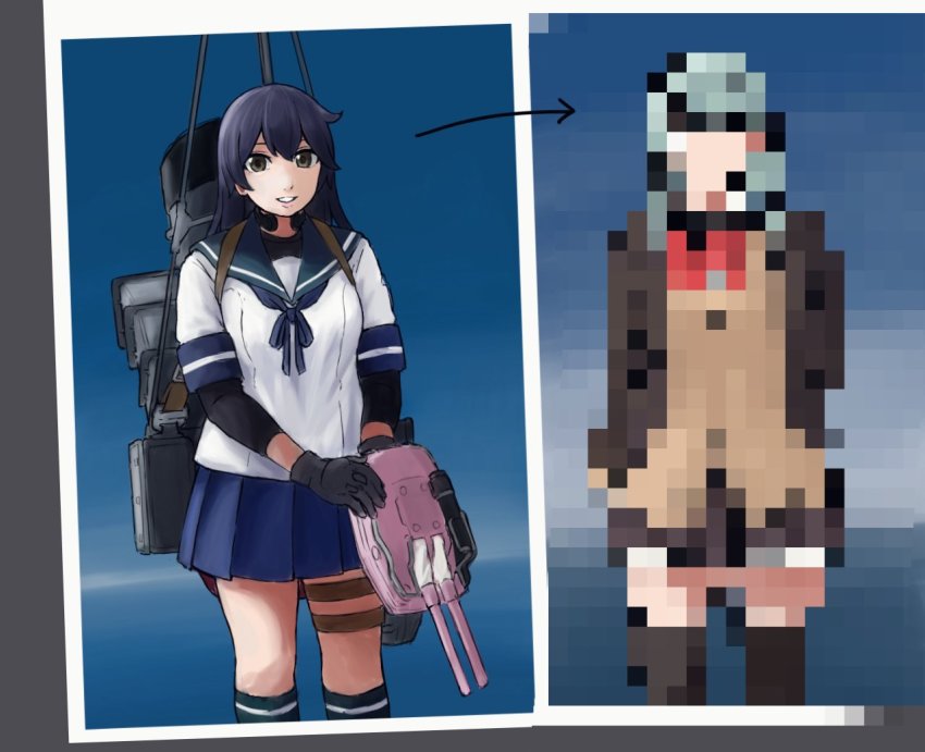 2girls, adapted_turret, aged_up, ahoge, arrow_(symbol), black_eyes, black_gloves, black_hair