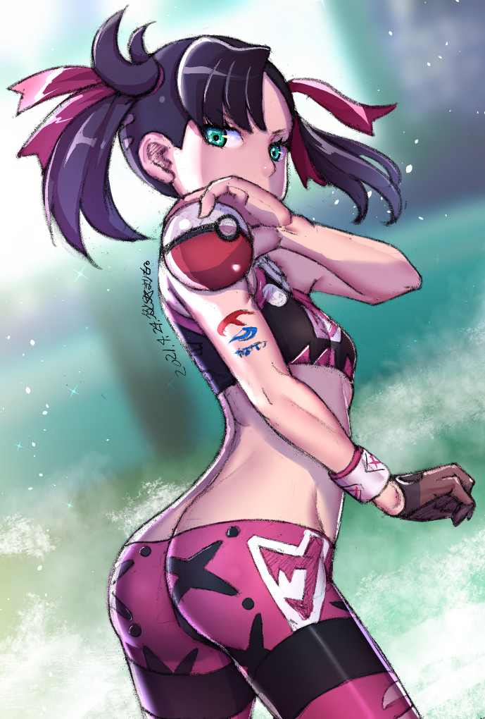 1girl, alternate_costume, ass, asymmetrical_bangs, black_hair, crop_top, gloves, green_eyes, gym_leader, gym_uniform, hair_ribbon, holding, holding_poke_ball, leggings, marnie_(pokemon), medium_hair, midriff, nintendo, poke_ball, pokemon, pokemon_sword_and_shield, ribbon, single_glove, twintails, ultramarimo