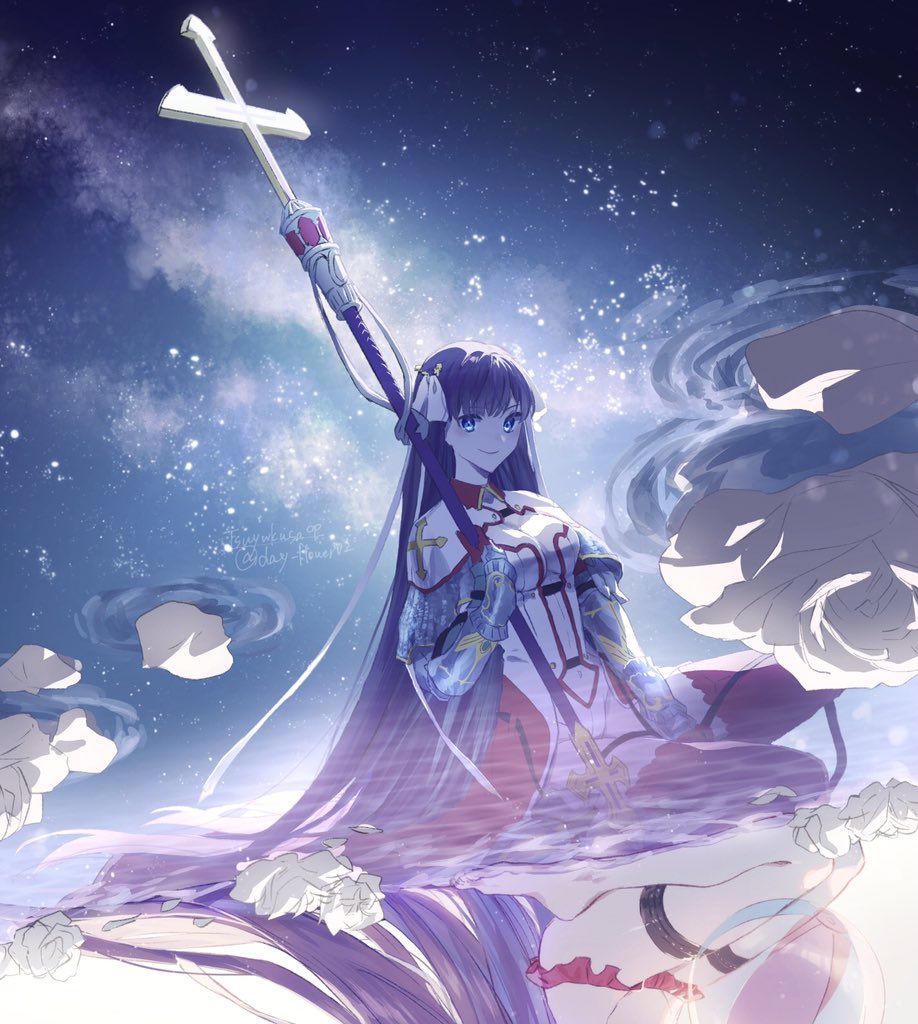 armor, armored_dress, bare_legs, barefoot, blue_eyes, blue_hair, breasts, different_reflection