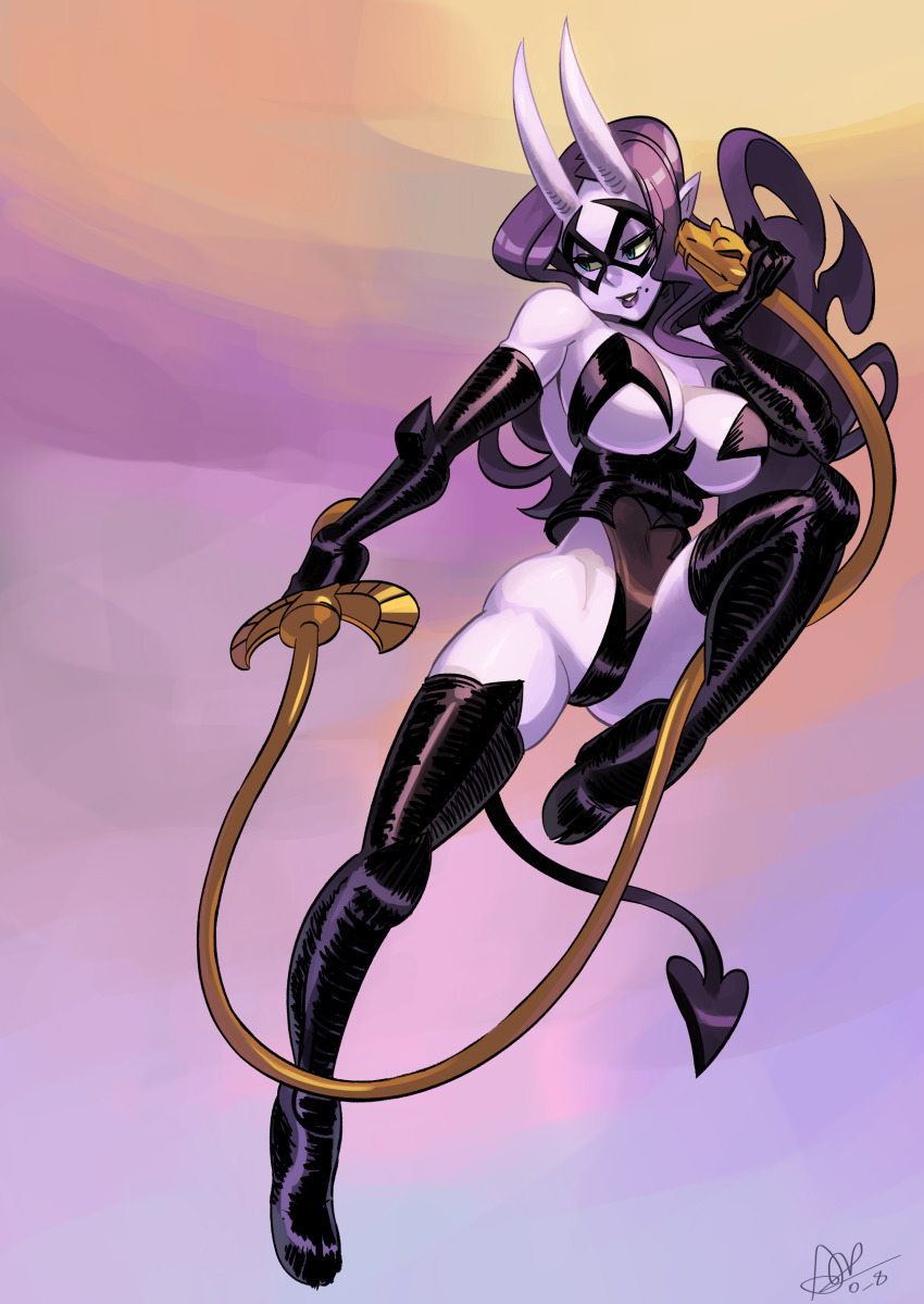 1girl, alex_ahad, blue_eyes, boots, breasts, colored_skin, d._violet_(skullgirls), demon_tail