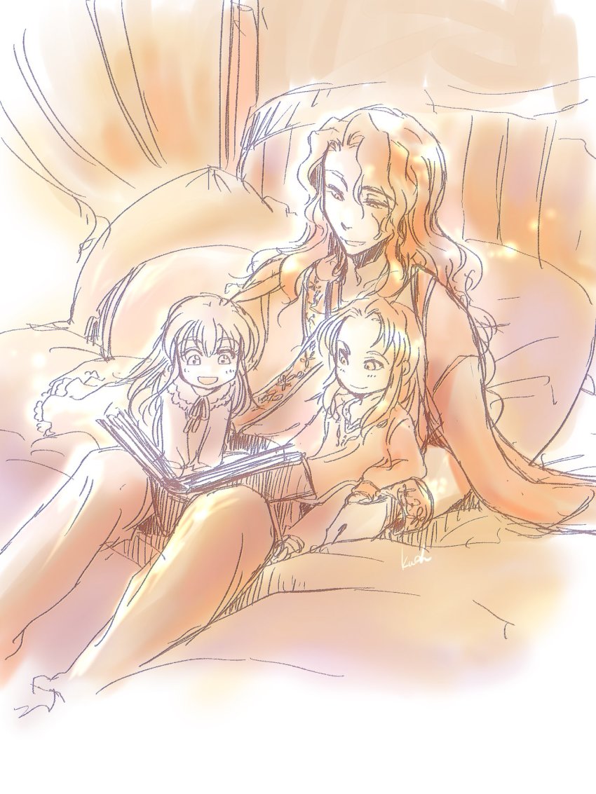 1girl, 2boys, arvis_(fire_emblem), book, brother_and_sister, family, father_and_child, father_and_daughter, father_and_son, fire_emblem, fire_emblem:_genealogy_of_the_holy_war, highres, julia_(fire_emblem), julius_(fire_emblem), multiple_boys, nintendo, parent_and_child, purple_hair, red_hair, siblings, twins, uncle_and_nephew, uncle_and_niece