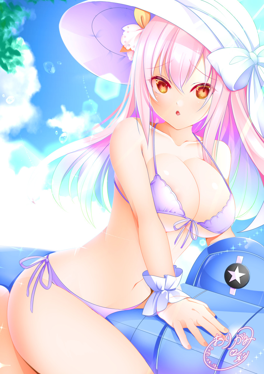 1girl, :o, absurdres, aircraft, azur_lane, bare_shoulders, bikini, blue_sky