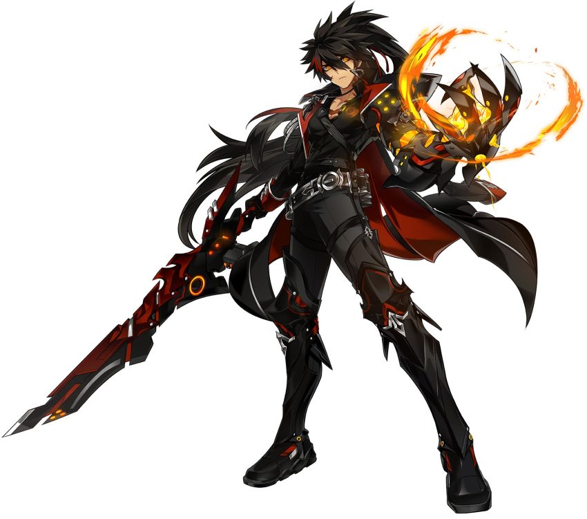 1boy, armor, artist_request, belt, black_armor, black_boots, black_coat, black_gloves, black_hair, black_pants, black_shirt, boots, claws, closed_mouth, coat, earrings, elsword, frown, full_body, gloves, highres, holding, holding_sword, holding_weapon, jewelry, knee_boots, long_hair, looking_at_viewer, male_focus, mechanical_arms, multicolored_hair, necklace, nova_imperator_(elsword), official_art, pants, ponytail, raven_cronwell, red_hair, serious, shirt, single_mechanical_arm, solo, standing, streaked_hair, sword, two-tone_hair, weapon, yellow_eyes