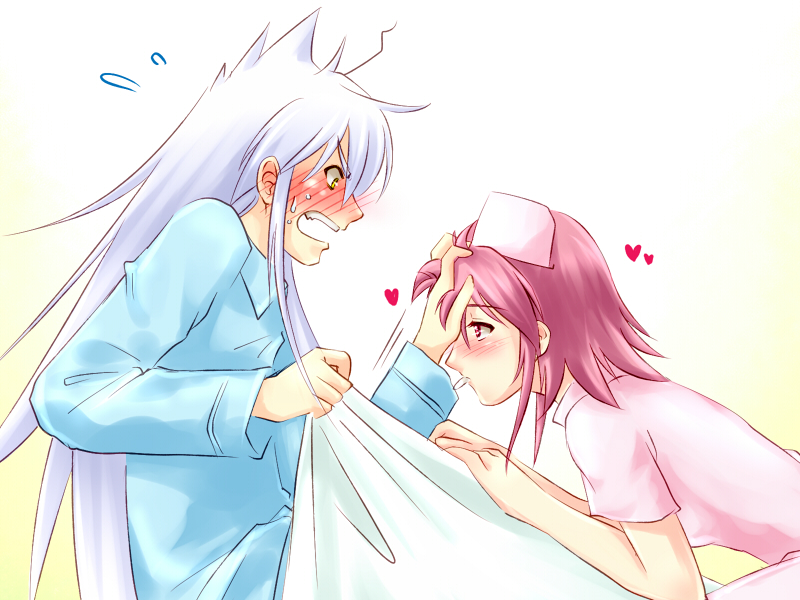 00s, bed, blush, long_hair, merihim, mouth_hold, nurse, pajamas, piku, pink_hair, red_eyes, shakugan_no_shana, short_hair, suppository, white_hair, wilhelmina_carmel, yellow_eyes