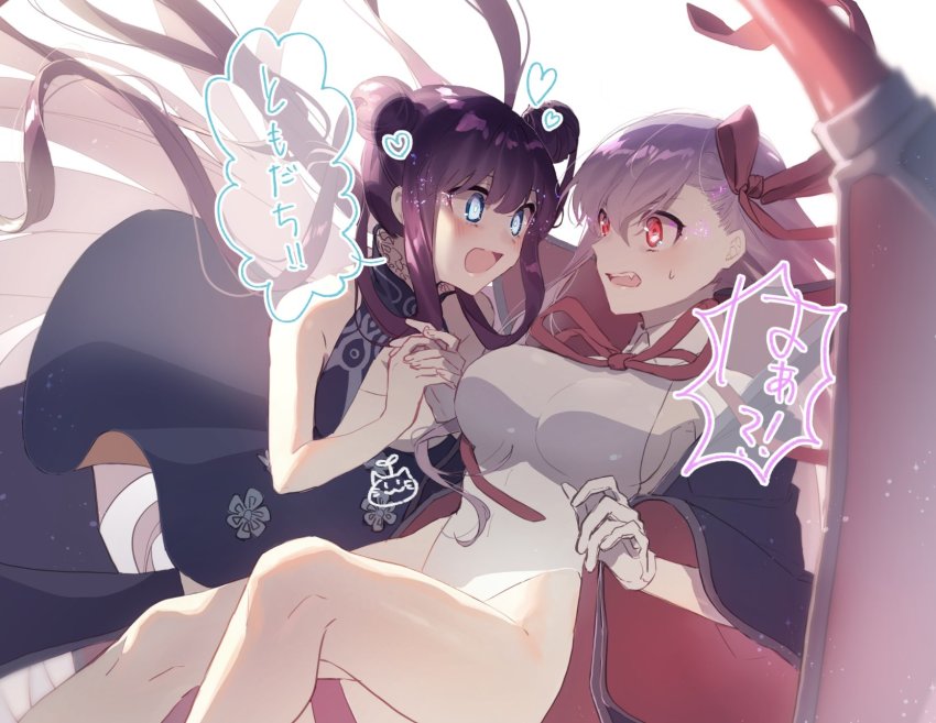 2girls, bare_arms, bare_legs, bare_shoulders, bb_(fate), bb_(swimsuit_mooncancer)_(third_ascension)_(fate), black_hair, blue_eyes