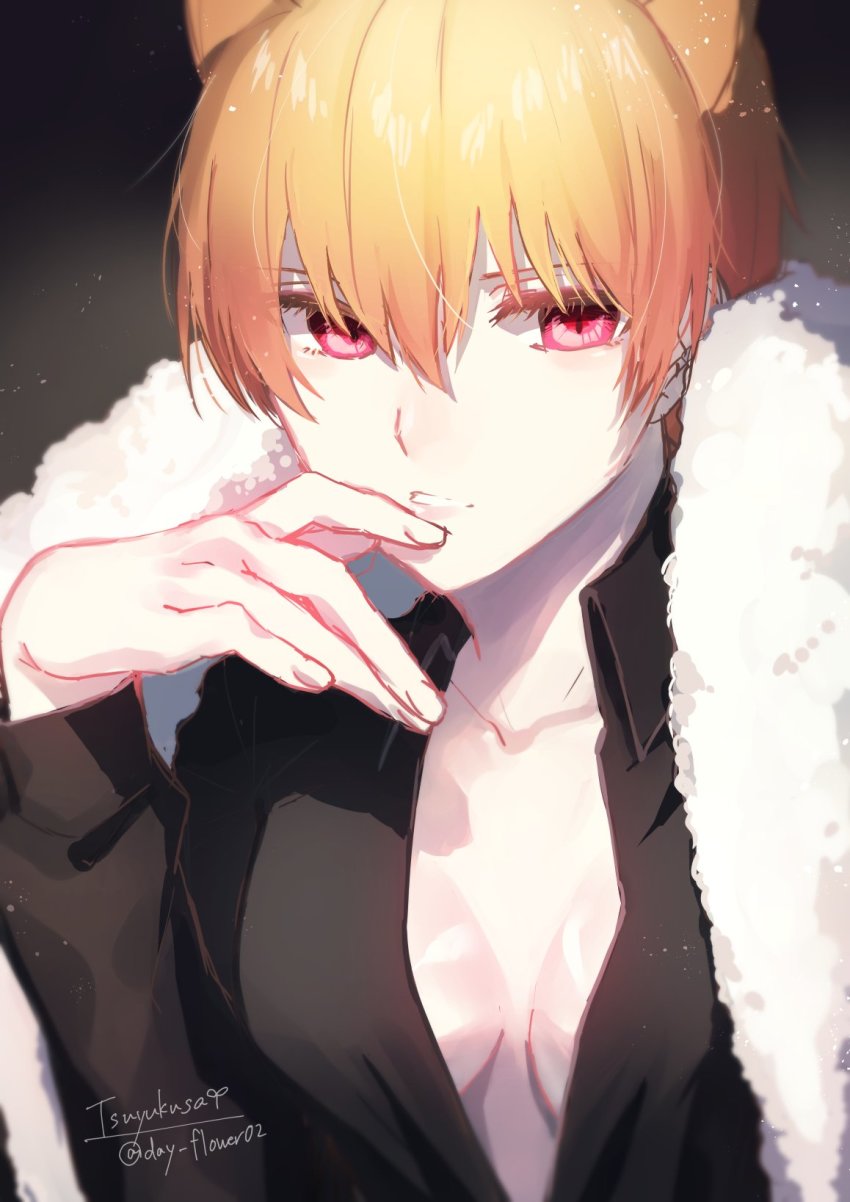 1girl, animal_ears, black_shirt, breasts, cat_ears, center_opening, coat, fate/grand_order