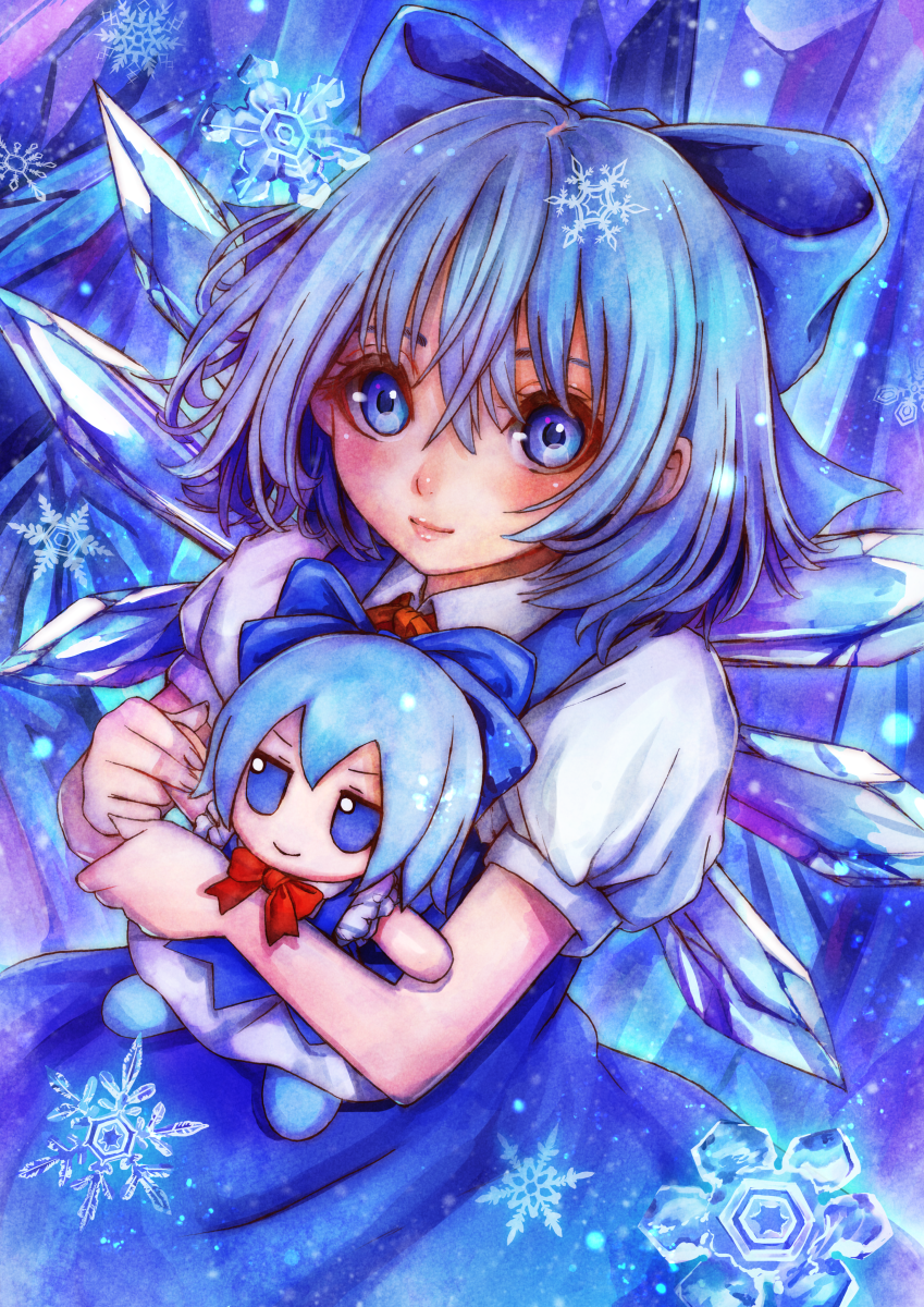 1girl, blue_bow, blue_dress, blue_eyes, blue_hair, blue_theme, blush, bow
