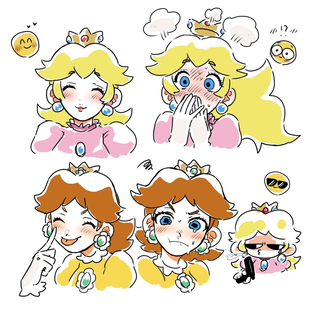 2girls, blonde_hair, blue_eyes, blush, brooch, brown_hair, closed_eyes, covering_own_mouth